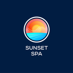 Sunset or sunrise spa logo. Tourism or resort emblem.