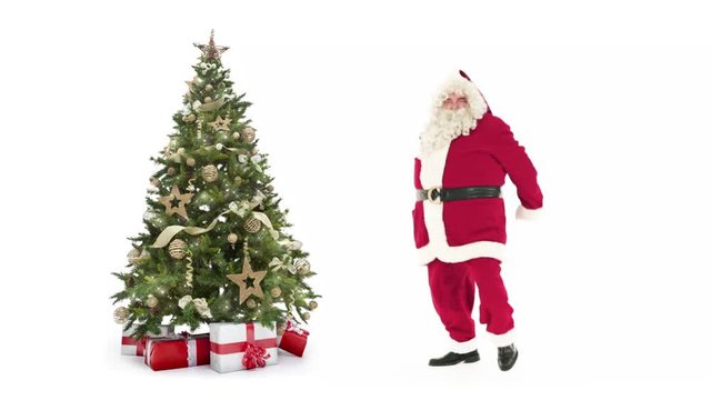 Lights decorated xmas tree with gift boxes and Santa Claus happy dancing on white background with text space to place logo or copy.Animated Christmas present greeting post card video