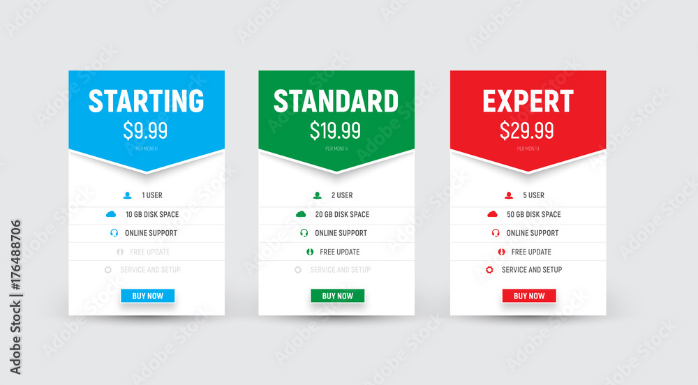 Poster Set of vector white price tables with an arrow for the title
