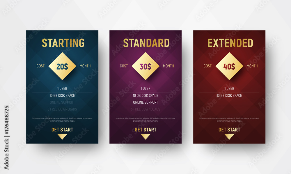 Poster Design of vector premium tables with rhombuses on the background and a gold diamond for the price
