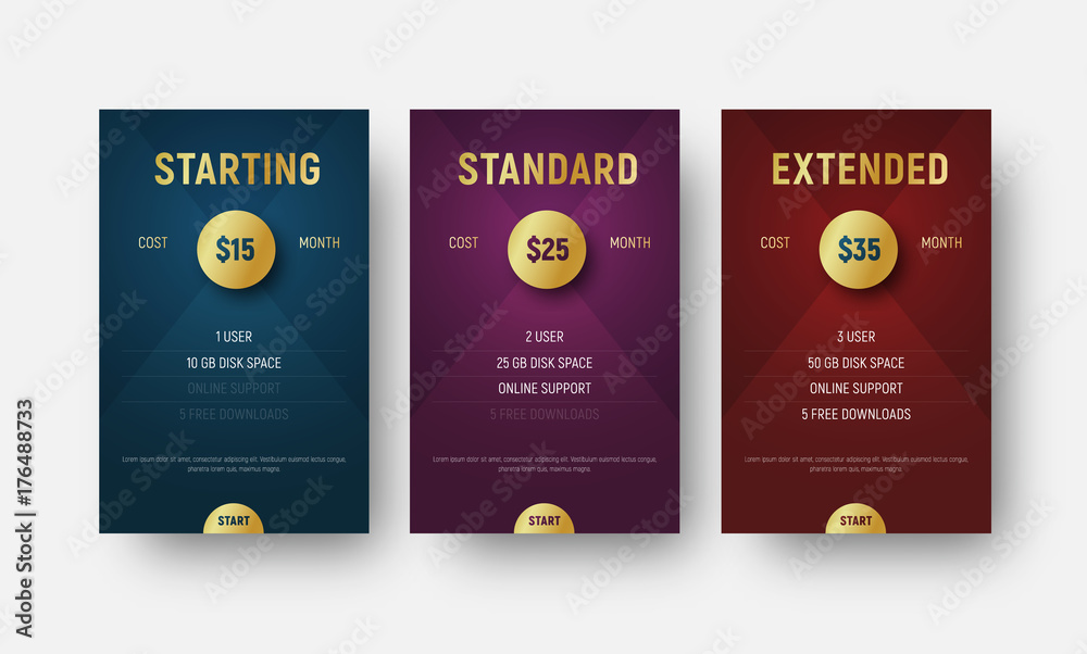 Poster set of vector templates of price tables with a golden circle for indicating are valuable