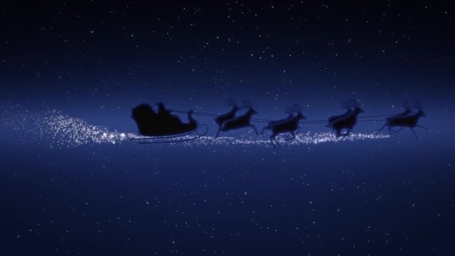 Blue xmas night with stars, Santa Claus sleight and reindeer silhouette flying showing merry christmas message with text space to place logo type or copy.Animated present greeting post card 4k video