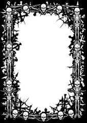 Deadly frame. Black&white frame with skeletons, cemetery crosses, bones, skulls, spider webs and copy space.