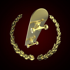 Golden skateboard surrounded with laurel wreath isolated on dark background. Skateboarding award rendering © Alexander
