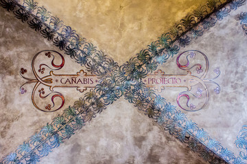 Obraz premium The inscription Canabis Protectio (Cannabis is protection), one of the seven secrets of Bologna, Italy, in the Canton de Fiori