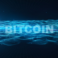 word on bitcoin abstract particle virtual field and currency symbols blue background 3d rendering