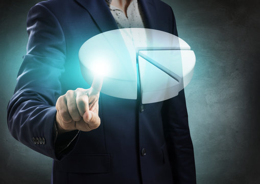 Businessman hand showing white digital pie graph.
