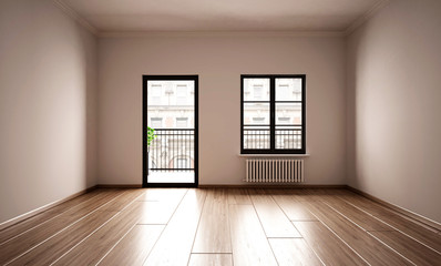 Leeres Zimmer mit heller Wand und Balkon