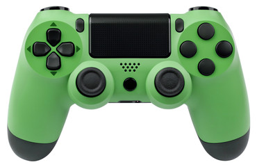 Green gaming controller isolated on white background.