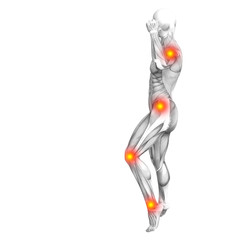Conceptual human muscle anatomy with red and yellow hot spot inflammation or articular joint pain for health care therapy or sport concepts. 3D illustration man arthritis or bone osteoporosis disease