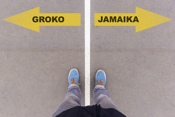 Groko und Jamaika, Pfeile mit Gegenteil Optionen als Wahl auf Strasse, persönliche Perspektive
