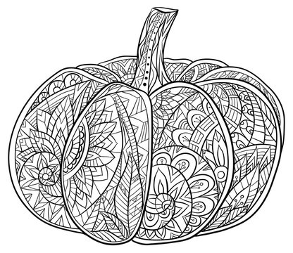 Black and white doodle  illustration of pumpkin with a boho pattern. Coloring for adults