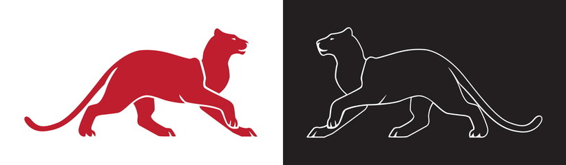 Two panther silhouette, vector outline of wildcat for logo or mascot.