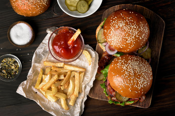 Delicious hamburger and french fries