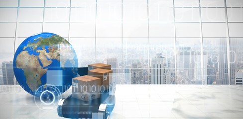 Composite image of 3d image of earth planet by boxes on