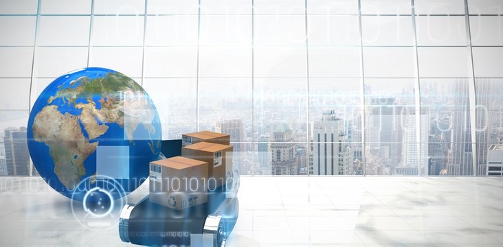 Composite image of 3d image of earth planet by boxes on