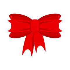 Red vector bow. Decoration for gift box for holidays, Christmas, New Year, birthday. Flat vector cartoon illustration. Objects isolated on white background.
