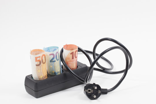 Euro bill, power strip and electricity cost