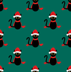 Black Cat Santa Hat Seamless on Green Teal Background