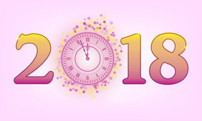 2018 New Year pink background with clock.