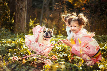 little blonde girl and a dog  in park in autumn 