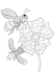 Bees on a flower Coloring book raster for adults