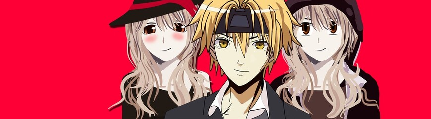 Anime Girl Anime Boy and Another Cute Anime Girl All with Blonde Hair 3 Anime Characters standing confidently in front of a red background with a Smile