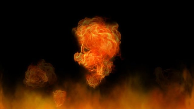 Fire, wild flames on black background. Computer generated animation of natural element