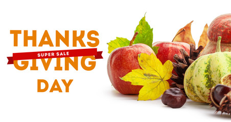 Happy Thanksgiving Sale tag with autumn pumpkins