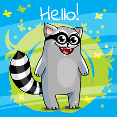 Vector illustration of cartoon raccoon. Hello.