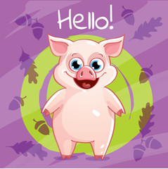 Vector illustration of cartoon pig. Hello.