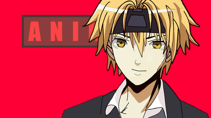 Anime Boy Blonde Hair Cartoon Character with in Suit standing in front of a red background with a confident smile it's Anime Manga Boy - obrazy, fototapety, plakaty