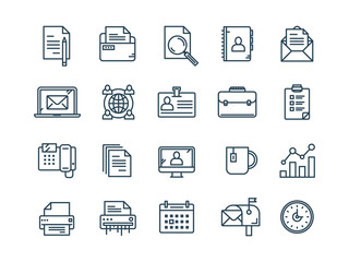 Business and office work. Documents, paperwork. Businessman. Thin line web icon set. Outline icons collection. Vector illustration.