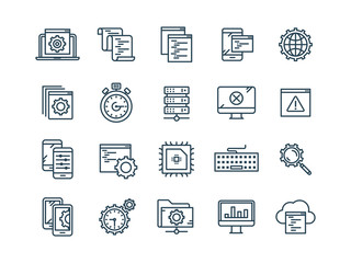 Seo and app development. Search engine optimization. Internet, e-commerce.Thin line web icon set. Outline icons collection. Vector illustration.