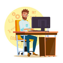 Programmer Man Vector. Stylized Young Developer. Person Working On Computer. Isolated Flat Cartoon Character Illustration