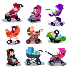 Naklejka premium Baby strollers and car seats set, safety transporting of small kids cartoon vector illustrations