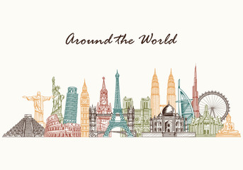 Hand drawn world skyline. Sketch style world famous monuments. Travel and tourism background. Vector illustration