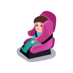 Cute baby sitting on a pink car seat wearing seat belt, safe child traveling cartoon vector illustration