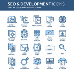 Seo and app development. Search engine optimization. Internet, e-commerce.Thin line blue web icon set. Outline icons collection. Vector illustration.