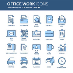 Business and office work. Documents, paperwork. Businessman. Thin line blue web icon set. Outline icons collection. Vector illustration.