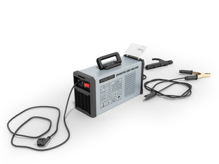 Inverter welding machine with cable for welding electrodes with a blue rear 3d render on a white background