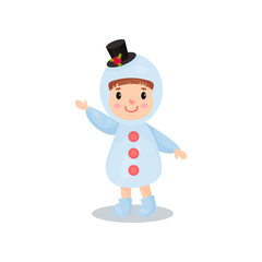 Cute little boy in the costume of snowman, kid in festive costume cartoon vector illustration