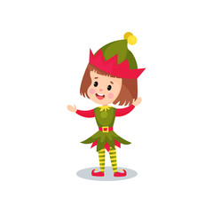 Happy little girl in the costume of Elf, kid in festive fancy dress cartoon vector illustration