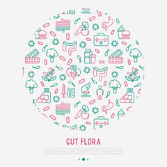 Obraz premium Gut flora concept in circle with thin line icons: gut, bacteria, obesity, stomach, infection, depression, medicine. Vector illustration for medical survey or report.