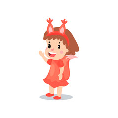 Sweet happy little girl in the costume of squirrel, kid in festive fancy dress cartoon vector illustration
