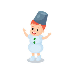 Happy little boy in the costume of snowman, kid in festive fancy dress cartoon vector illustration