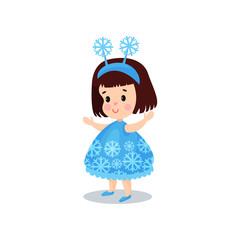 Sweet brunette little girl in the costume of snowflake, kid in festive fancy dress cartoon vector illustration