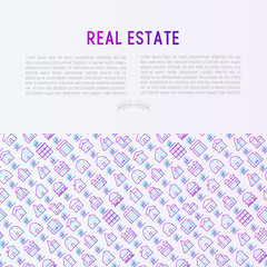 Fototapeta na wymiar Real estate concept with thin line houses and trees. Modern vector illustration for background of banner, web page, print media.