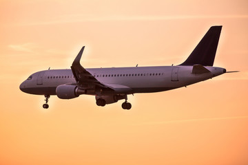 Airplane landing at sunset