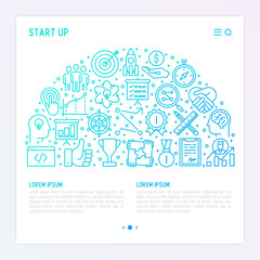 Start up concept in half circle with thin line icons of development, growth, success, idea, investment. Vector illustration for banner, web page, print media with place for text.